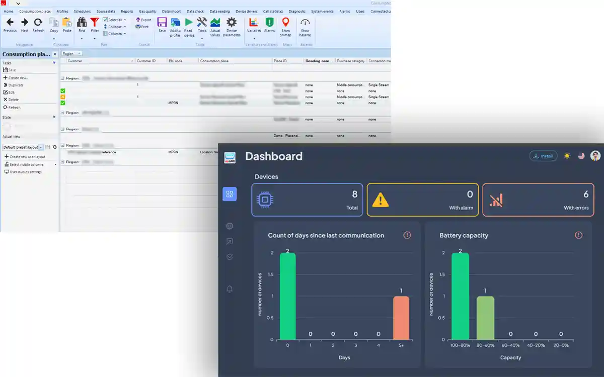 myAMR online historian dashboard showing connected sites and latest metering readings